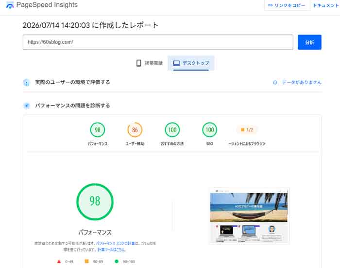 PageSpeed Insightsでの計測結果。デスクトップでパフォーマンス98点、ユーザー補助86点、おすすめの方法100点、SEO100点